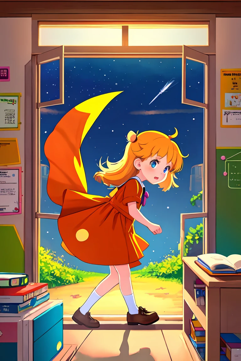 an image of a little girl, front view, full body in an orange dress with different movements, inspired by Mario Comensoli, a screenshot, behance, in school or classroom, children illustration, kids book illustration, childrenbook illustration, illustration for children, children's illustration, childrens book illustration, colorful kids book illustration