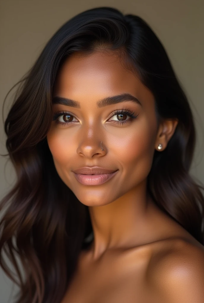 Create a highly realistic portrait of a 40-year-old woman of mixed ethnicity, weighing 50 kilograms. Her skin tone should reflect a blend of diverse backgrounds, with warm, natural tones. She has expressive eyes that convey wisdom and experience, subtle laugh lines that show a life full of smiles, and her hair is medium length with soft waves. The overall appearance is natural and elegant, with a slight hint of makeup to enhance her features. The lighting should be soft and flattering, capturing the details of her face with precision."
