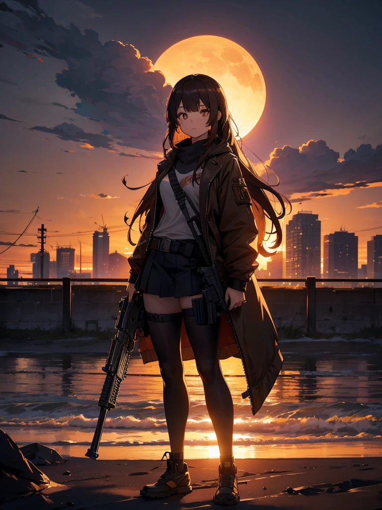 force, Multiple names, Cityscape, building, Skyline, sunset, Silhouette against a cloud background, meditation. Watching the beautiful sunset, sunset時に, sunset時, sunsetとともに, In the sunset, Nice views, Sunset view, With the sunset, sunset時に, During Golden Hour, looking sunset時に, Sunset in the background, Watching the sunset, In the spotlight, holding_gun, assault_rifle, Very detailed, Brown Hair, Long Hair, Anime Style, whole body, alone, Stylish Gunfighter Girl, Holding a steampunk long barrel pistol,Standing in the wasteland, 8K high resolution, White Background, The background is a dark and desolate landscape, Horror movie atmosphere. Her figure is very beautiful, Emphasizing the dark and crazy elements. Skillfully expressing the effects of light and shadow, Anime girls with guns and rifles, from Girls&#39; Frontline, mechanized soldier girl, Girls&#39; Frontline style