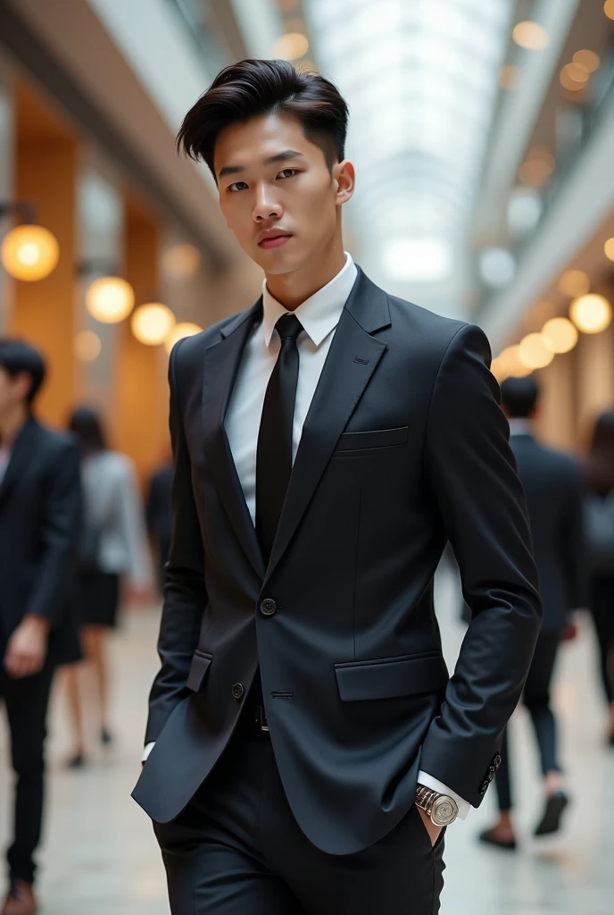 An 18 year old Vietnamese man wearing a suit, Korean hairstyle in Landmart 81