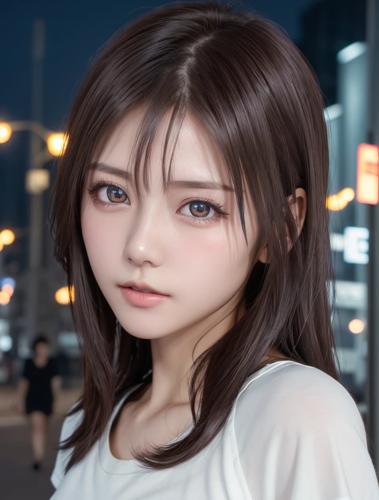 (Best Quality, High resolution, masutepiece :1.3), Pretty women, Slender figure, dark brown hair, T-shirt, (Street in city at night), Highly detailed face and skin texture, Detailed eyes, double eyelid
