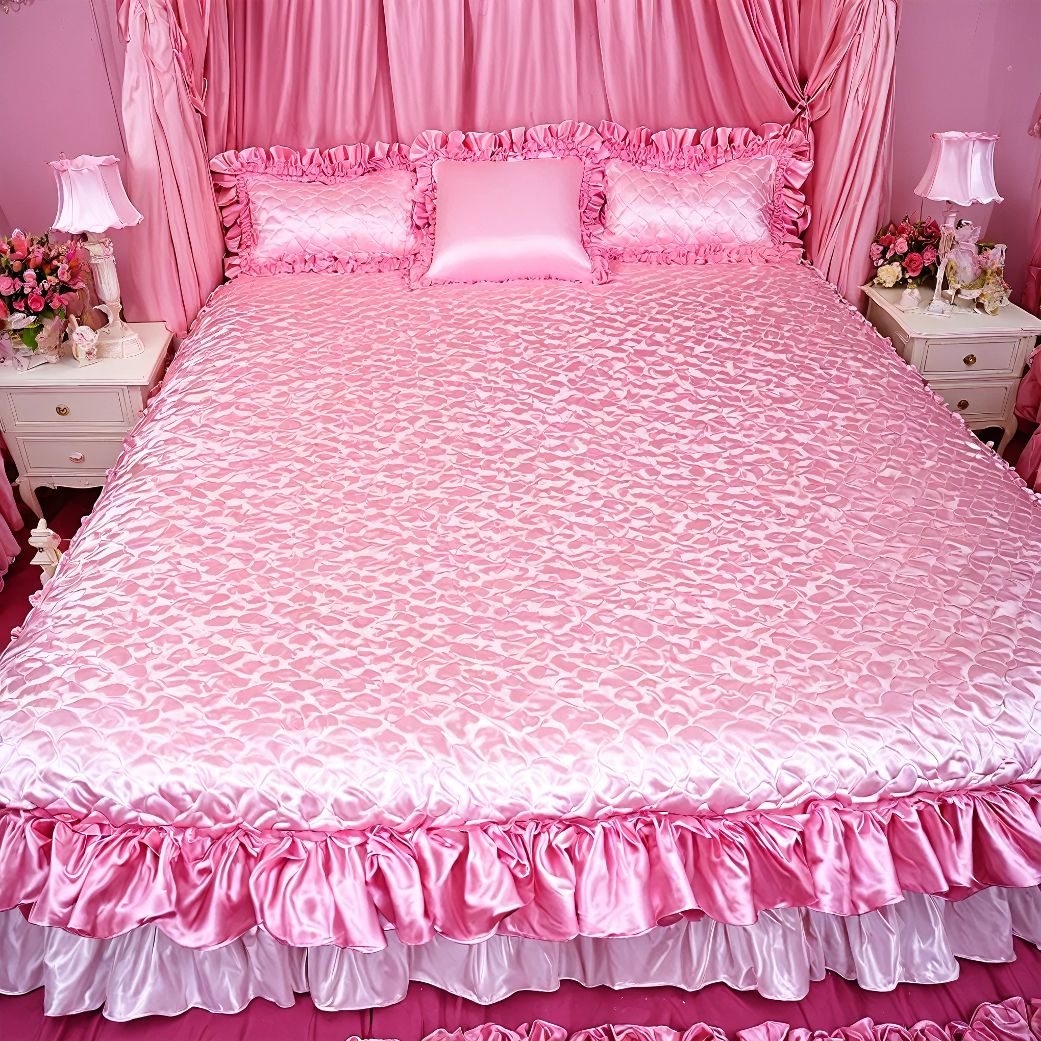 A sissy girl of 12 years old, a plump quilted silk satin nightgown, long sleeves,frilled sleeves,children's mittens without fingers, a bed with a mountain of silk satin pillows,sissy canopy bed,king size bed,more big bed,lot of frilled pink pillows,more pillows, A plump qulited silk satin pink devet,ruffles lace silk.retro white pipe bed frame, A large silk satin ruffled duvet covers the entire bed,