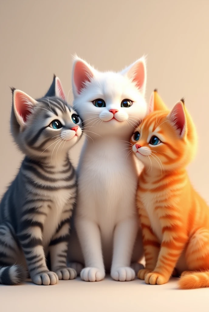 a gray cat, a white cat , an orange cat together 