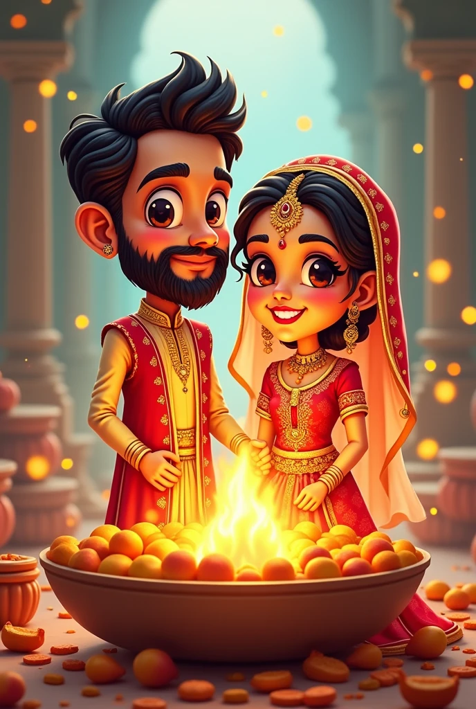 Bride and groom with beard 
Rotate around agni kund for 
Indian Marriage 
Cartoon 