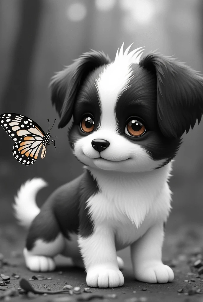 Create a black and white dog, her hairs are: Black head hair around the head and ears and goes up to the eyes and the rest is all white, she has a big white lock on her head. White neck fur and white paws, the middle fur has a large black strand that goes all the way to her tail but there is a white strand on one of her paws. She has brown eyes.. She is small in size. This dog is looking at a butterfly. 🦋