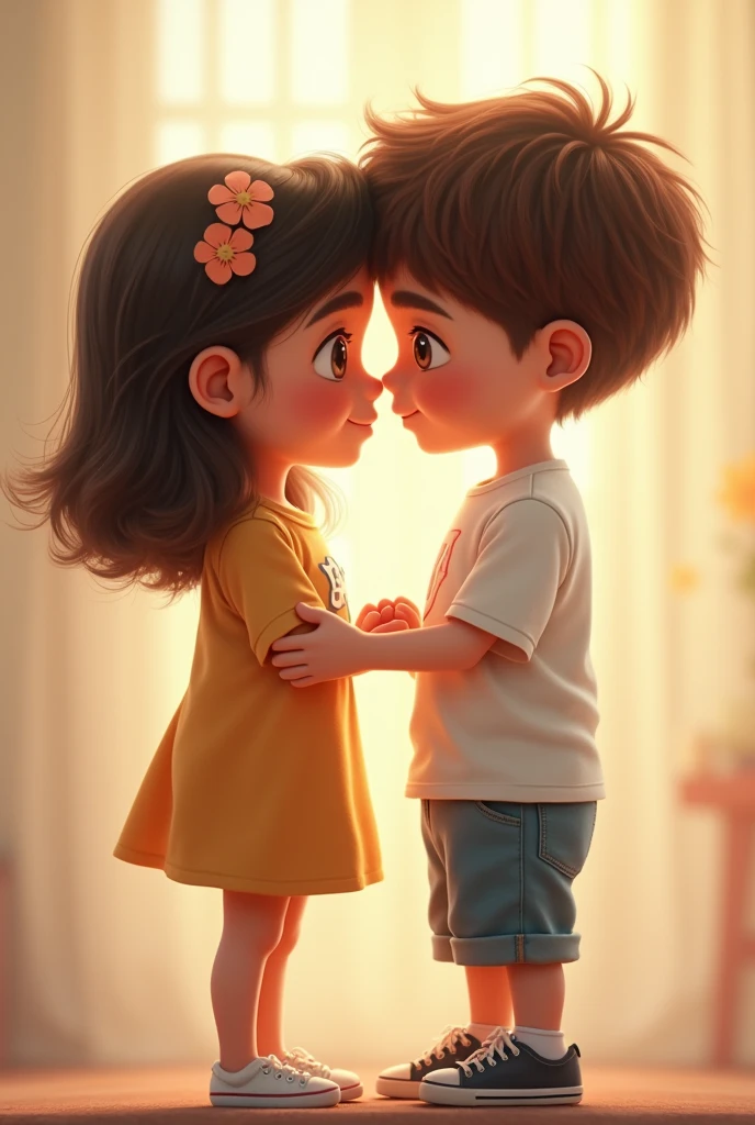 Girl and boy close together and girl wear t shirt printed letter B and boy wear t shirt letter I