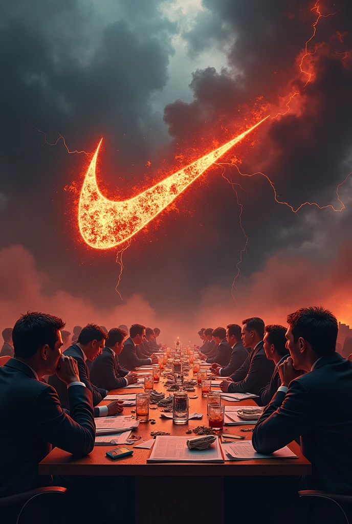 Create a hyper-realistic image depicting a catastrophic 50% drop in Nike's stock market value, symbolizing a severe and apocalyptic market crash. The atmosphere should be dark, ominous, and diabolical, evoking a sense of overwhelming crisis. The background should be a gloomy, stormy sky with swirling dark clouds and flashes of lightning, casting an eerie glow over a shattered stock market graph that shows a dramatic plummet.
In the foreground, show a group of high-ranking Nike executives in disarray, their expressions a mix of fear, panic, and despair. Their eyes should be wide with terror, some clutching their heads in disbelief, others frantically trying to salvage what they can. The surroundings should include burning stock certificates and crumpled financial reports scattered across a large conference table, with a large Nike logo that is cracked and crumbling.
Subtle details should include dark shadows looming over the executives
desperate and terrified, suggesting an almost supernatural force behind the crisis. The overall color palette should be dominated by deep reds, blacks, and grays, enhancing the atmosphere of doom and destruction. The image should capture the intensity and chaos of the situation, making it clear that this is a catastrophic event with dire consequences.