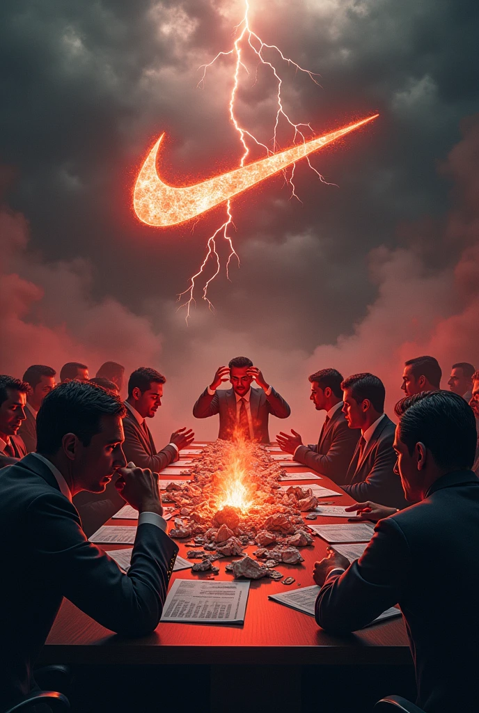Create a hyper-realistic image depicting a catastrophic 50% drop in Nike's stock market value, symbolizing a severe and apocalyptic market crash. The atmosphere should be dark, ominous, and diabolical, evoking a sense of overwhelming crisis. The background should be a gloomy, stormy sky with swirling dark clouds and flashes of lightning, casting an eerie glow over a shattered stock market graph that shows a dramatic plummet.
In the foreground, show a group of high-ranking Nike executives in disarray, their expressions a mix of fear, panic, and despair. Their eyes should be wide with terror, some clutching their heads in disbelief, others frantically trying to salvage what they can. The surroundings should include burning stock certificates and crumpled financial reports scattered across a large conference table, with a large Nike logo that is cracked and crumbling.
Subtle details should include dark shadows looming over the executives
desperate and terrified, suggesting an almost supernatural force behind the crisis. The overall color palette should be dominated by deep reds, blacks, and grays, enhancing the atmosphere of doom and destruction. The image should capture the intensity and chaos of the situation, making it clear that this is a catastrophic event with dire consequences.