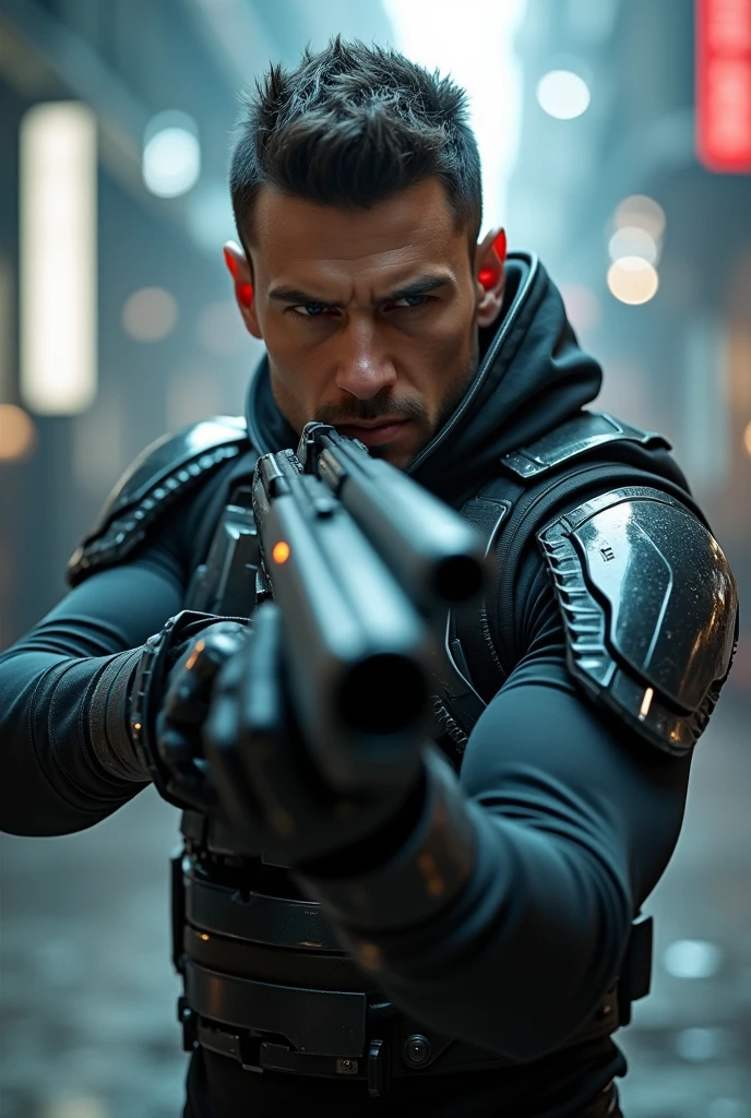 man in technological clothing with gun in hand showing his face