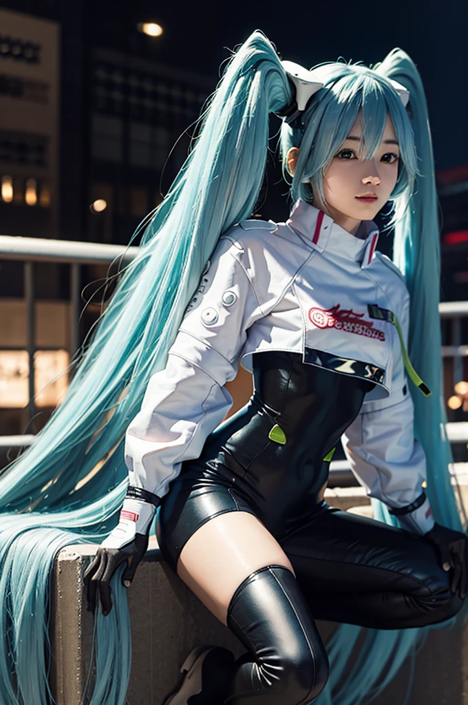 1girl, Tokyo street,night, cityscape,city lights, upper body,close-up, 128k, RAW photo, best quality, masterpiece,realistic, photo-realistic,
BREAK smile, car, racecar, circuitry, racing Miku, black bodysuit, cropped jacket, white jacket, long sleeve, Two-tone gloves, thigh boots,(Aqua blue hair), big breasts