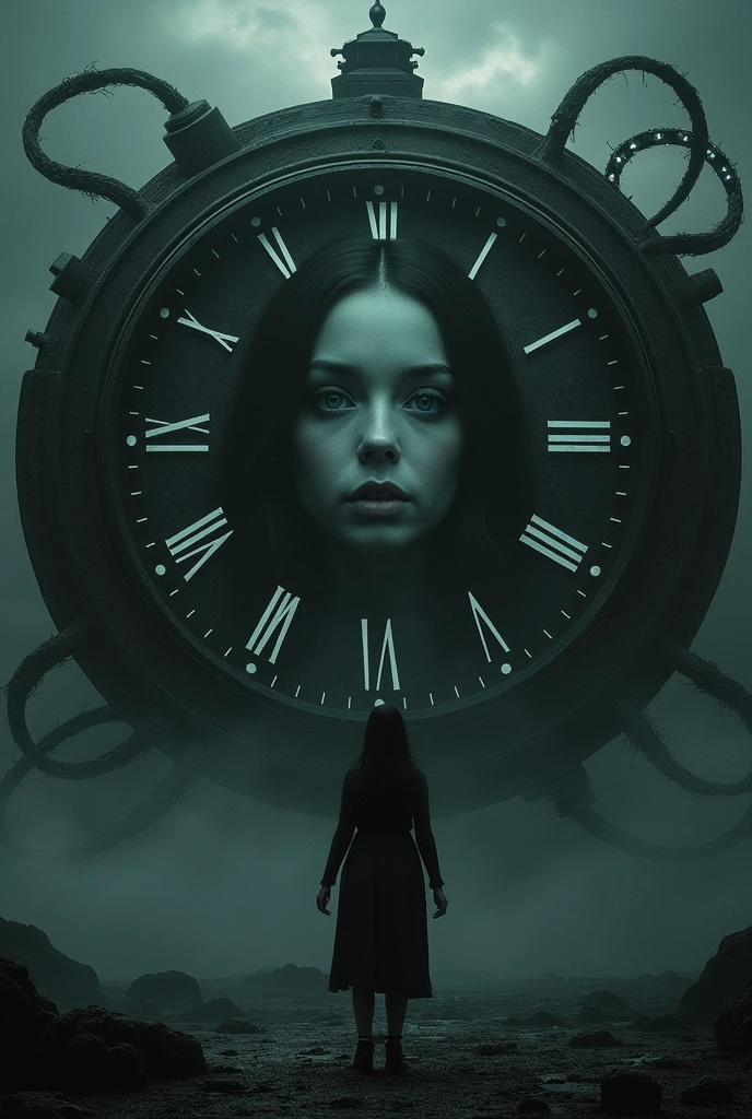 A huge clock of a time maxhine wirh a girls picture that is vague and very dark colours included and looks and gives dark vibes and with twisting musteriius nature and other details make it blackened darkness and only the clock visible and not any other part of it and no other part of picyure with a girl's face vaguely shown inside of the clock it should not be a horror lind of way but a picture that gives mustery and dark romance vibes tjr image should be vedy black that we cant see almost norhing and a beiatirul girl sith long hair is vaguely shown in the clock and a fururistic landscape ahown onside the clock vaguely with only the clock head shown and rest full blackness norhing else