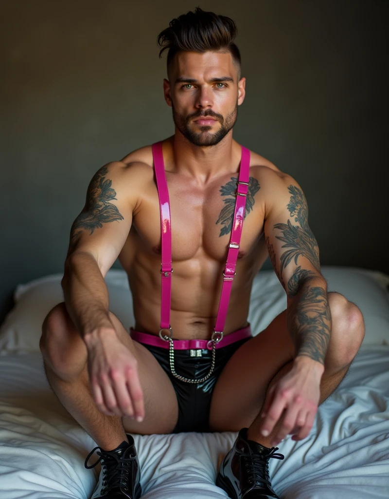 Fullbody picture of white skin Handsome muscular horny nude sexy gay man wearing sexy shiny pink latex harness, shiny black Disconnected Pompadour oiled hair style, goatee, blue eyes, shiny black varnished vinyl shoes, red lip, chain, tattoos, horny, cum shot, sperm, milking penis, big penis, very big testicle, shiny oiled skin, orgasm, oversexed, at bed.