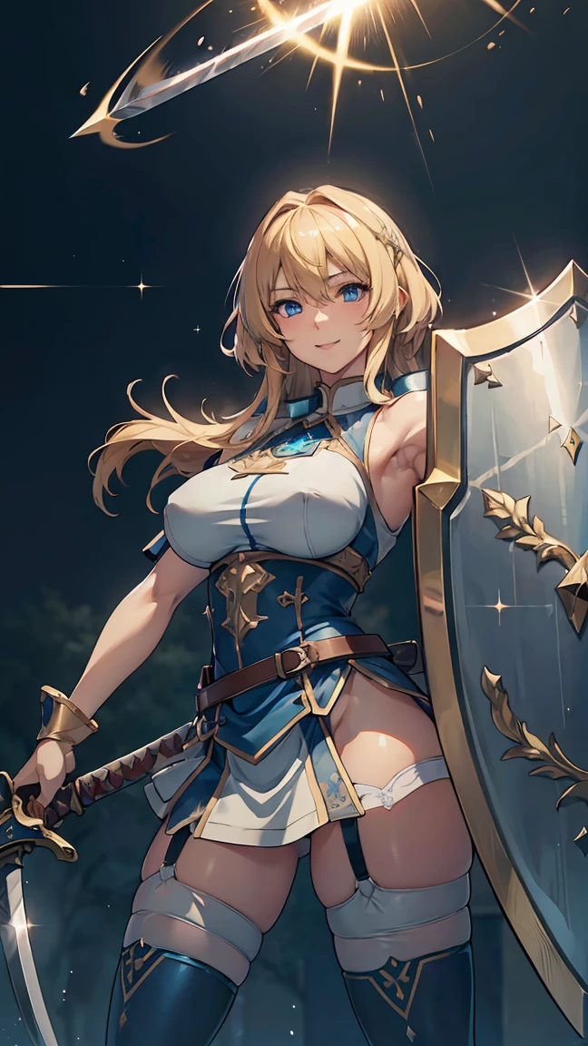 Browsing Caution,Sensual, Long blonde hair, Thick thighs, 8k, 4K, Highest quality, (High resolution:1.6), Cute anime face, Noise Reduction,short hair,Flaxen Hair、 Spread your legs, (Sparkling Blue Eyes, A kind smile:1.3, Kind eyes:1.ung Face, Anime Eyes, Asheria、(Sword in right hand:1.5)、(Equipped with a shield on the left arm:1.5)、(Sant:1.9)、Large areola, Pupples:1.ng tige-high boots、(garter belt:1.5)、Beautiful Hands、Beautiful fingers,squat,