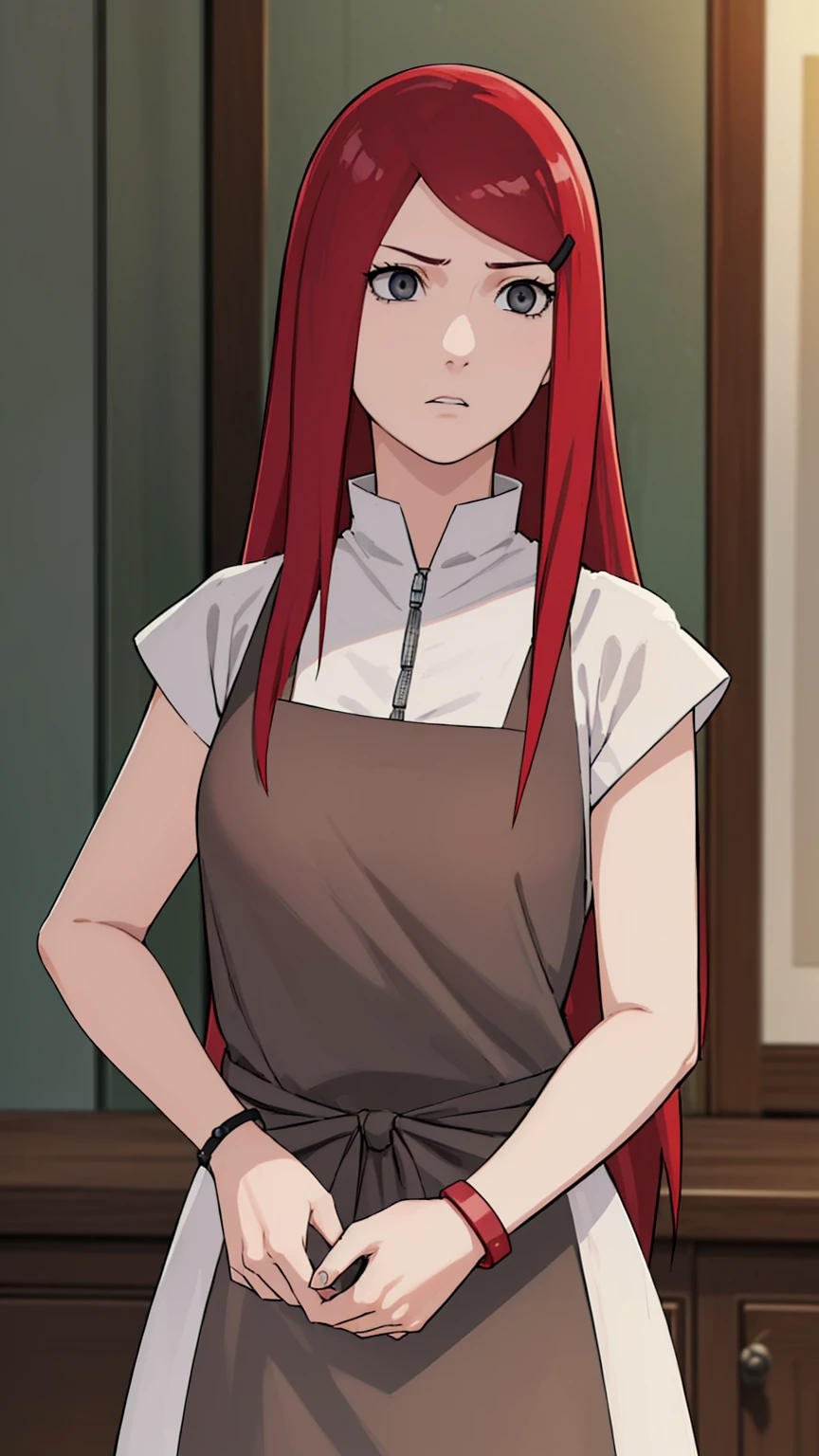 Kushina, Kushina, Long Hair, hair ornaments, Redhead, Hair Clip, (Grey Eyes、Red Hair:1.5),
break shirt, dress, jewelry, White shirt, Short sleeve, apron, bracelet, green apron, collar,
break looking at viewer, Upper Body, whole body, Cowboy Shot,
break indoors,
break (masterpiece:1.2), Highest quality, High resolution, unity 8k wallpaper, (figure:0.8), (Beautiful attention to detail:1.6), Highly detailed face, Perfect lighting, Highly detailed CG, (Perfect hands, Perfect Anatomy),