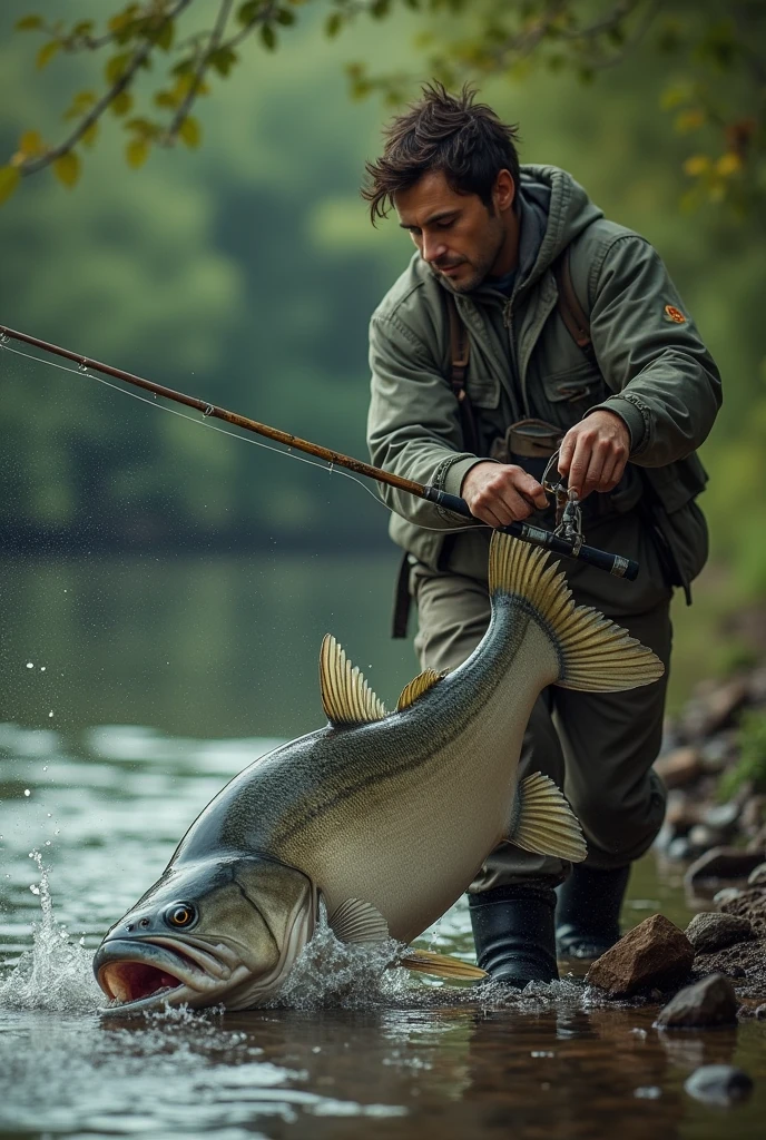 Catching big catfish with small fishing rod