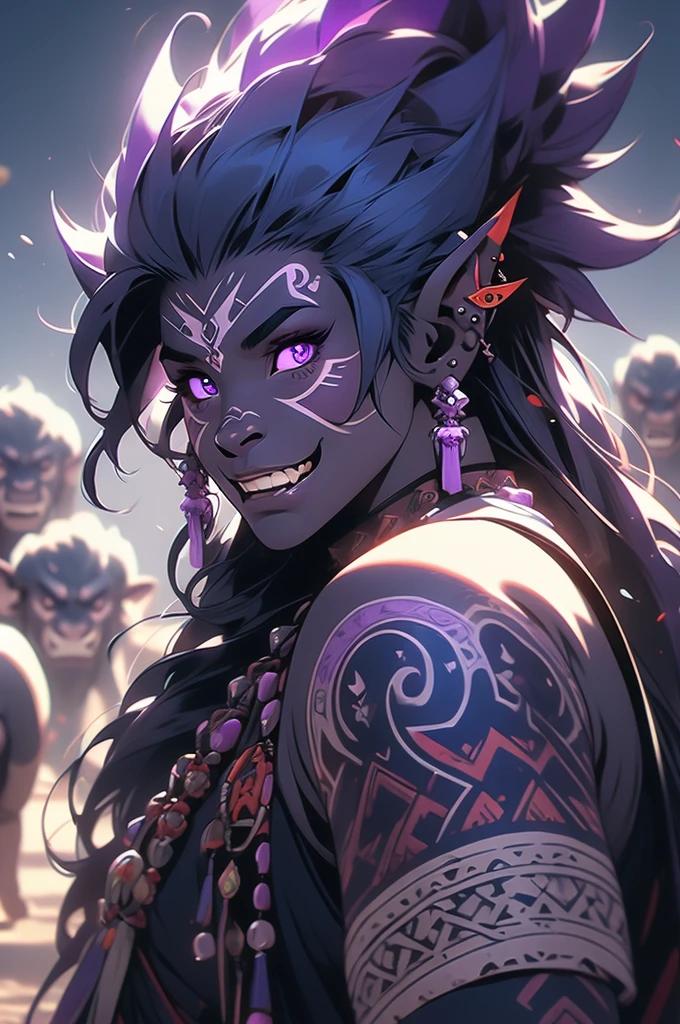 1girl, purple eyes, orc, blue Mohawk, teeth, tusks, shaman, piercing, athletic, tattoos, black skin