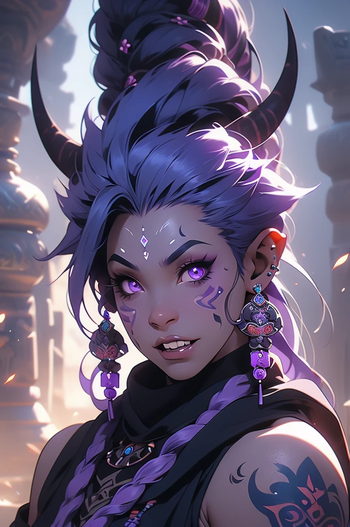 1girl, purple eyes, orc, blue Mohawk, teeth, tusks, shaman, piercing, athletic, tattoos, black skin