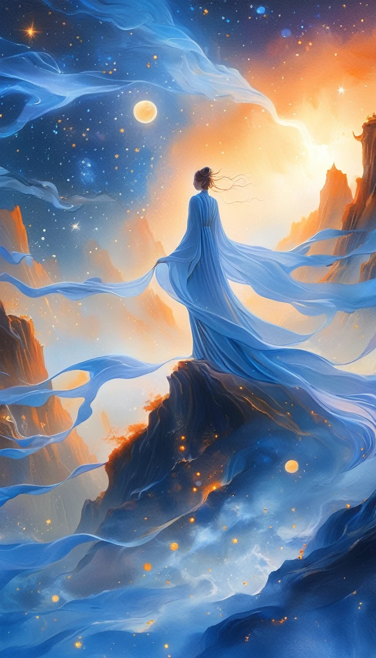 A beautiful woman stands on a cliff looking at the stars, （beautiful silhouette），Surrounded by a vortex of cosmic energy，shrouded in dreamy mist。Figure wrapped in flowing robe.，Integrate with the flow of heaven and earth。The sky is a tapestry of deep purples and blues，starlight embellishment，The landscape below suggests softness、rolling mountains，Astral ethereal, fantastic numbers, ethereal essence, Ethereal fantasy, Ethereal Beauty, Digital Art Fantasy, beautiful fantasy painting, Beautiful fantasy art, stunning fantasy art, Inspired by Cyril Rolando (Cyril Rolando), Fantasy art style, Gently rotating magical energy, Fantasy Numbers, Fantasy NumbersArt, Empty Spirit, of Ethereal fantasy，Artistic beauty