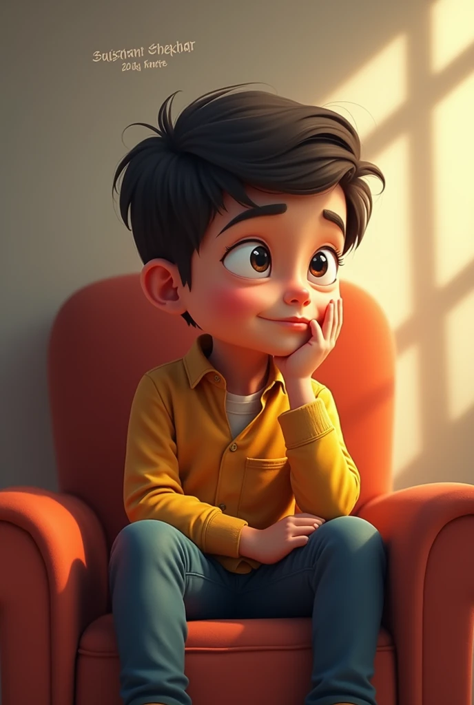 Make a Ai image aboy sit on chair and boy name is sushant shekhar wite a name in back sushant shekhar