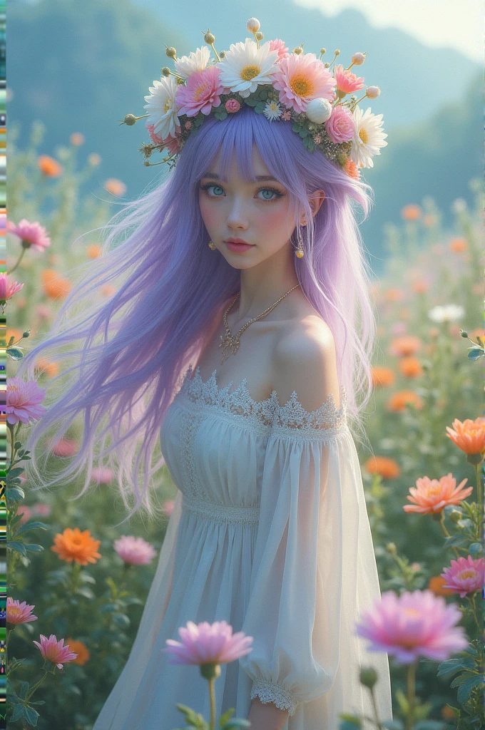 Light purple hair blue eyes White beauty Long Hair China dress Flowers on head Flower Field