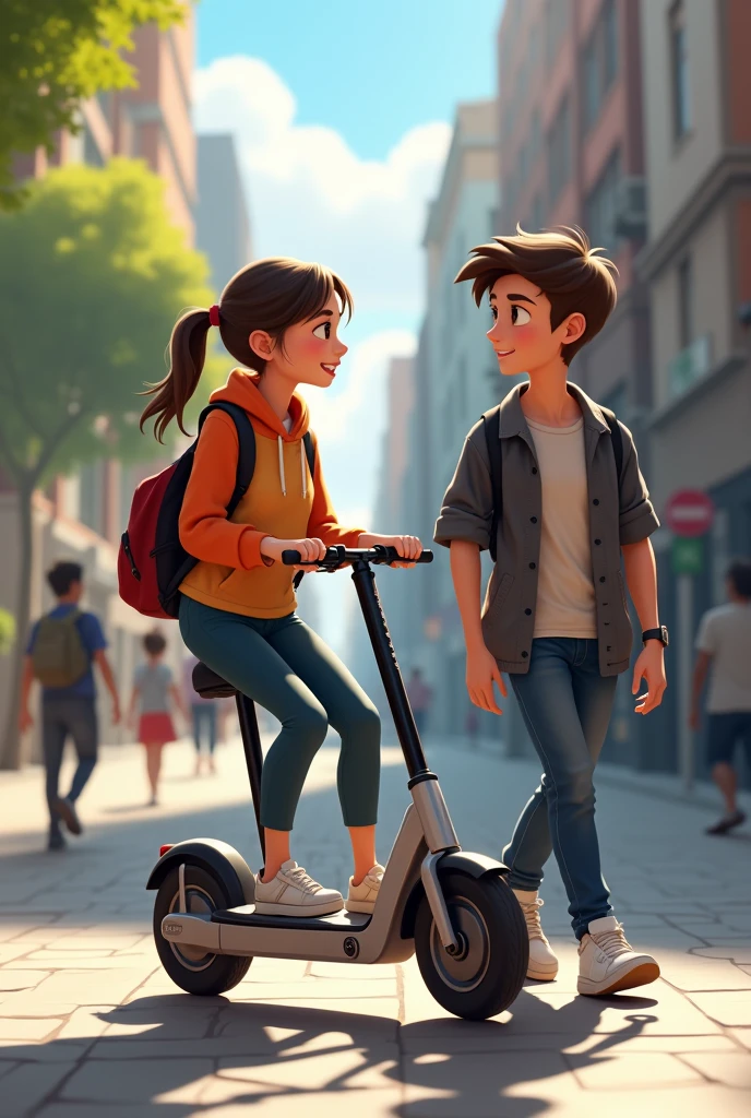 A girl and a boy
Girl is on her scooty
And boy is walking beside him
They both are talking
The girls scooty is electric scooty