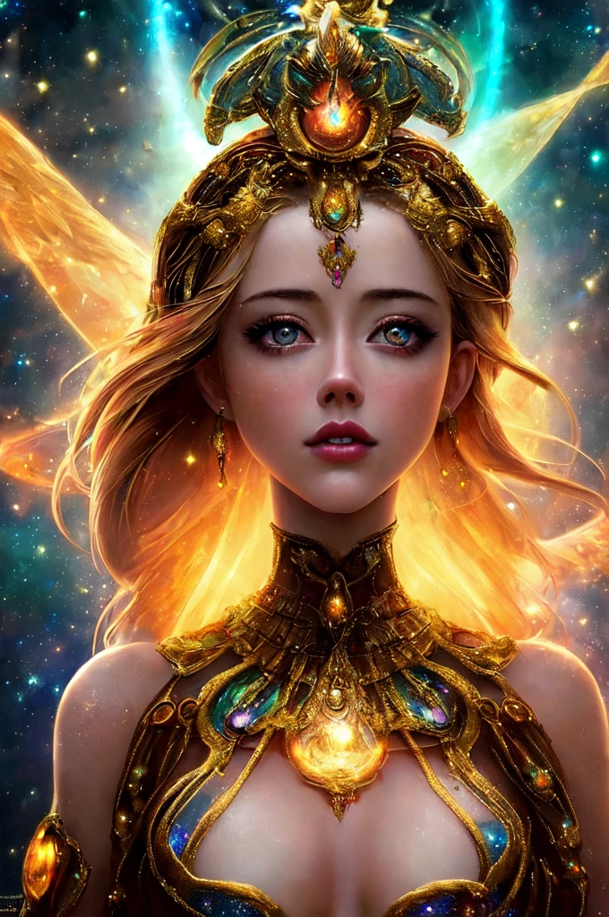 ((best quality)), ((masterpiece)), ((realistic)), portrait,
AMBER HEARD, celestial, deity, goddess, light particles, halo, looking at viewer,
(bioluminescent:0.95), vibrant, colourful, color, (glowing, glow),
(beautiful composition), cinematic lighting, intricate, (symmetrical:0.5), whimsical,