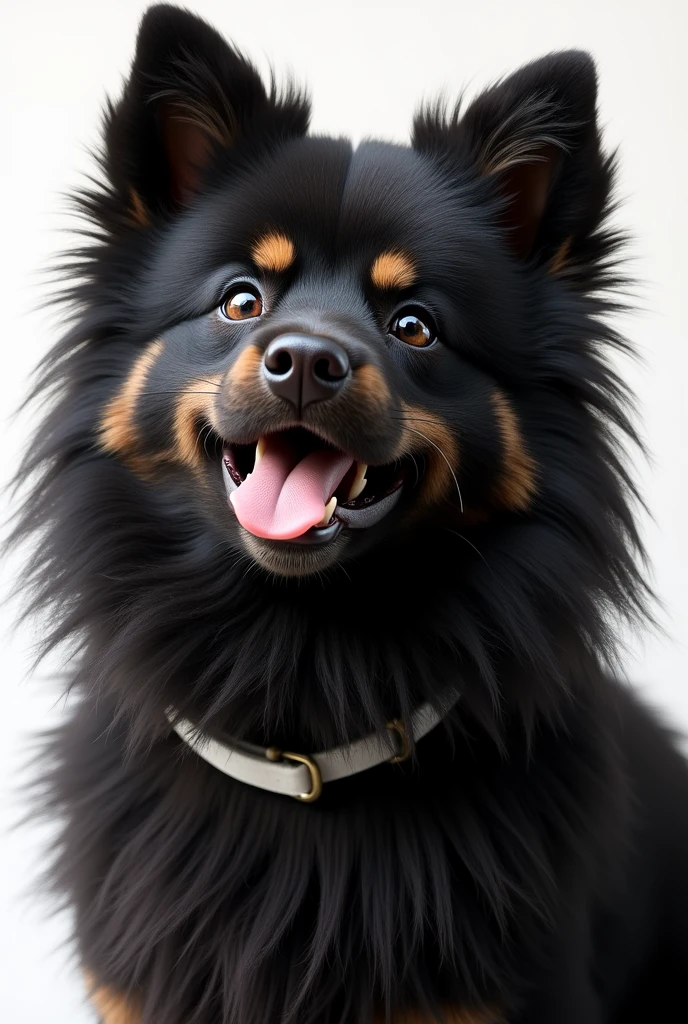 La tête d’une chienne noire aux bruns. Elle a de longs poils sur le corps et des poils courts sur la tête. Ses oreilles sont dressées vers le ciel mais pas trop grande. Elle est jeune et elle tire la langue. Elle a des taches beiges au dessus de ses yeux. Elle porte un collier blanc. C’est un chien finnois de Laponie.