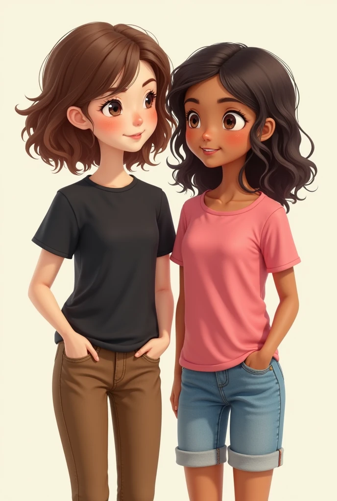 Make me two pictures of  girls they are best friends, one girl is taller and has white skin and wearing black shirt and brown jeans. The other is the same height and brown skin and wears pink shirt and blue shorts.