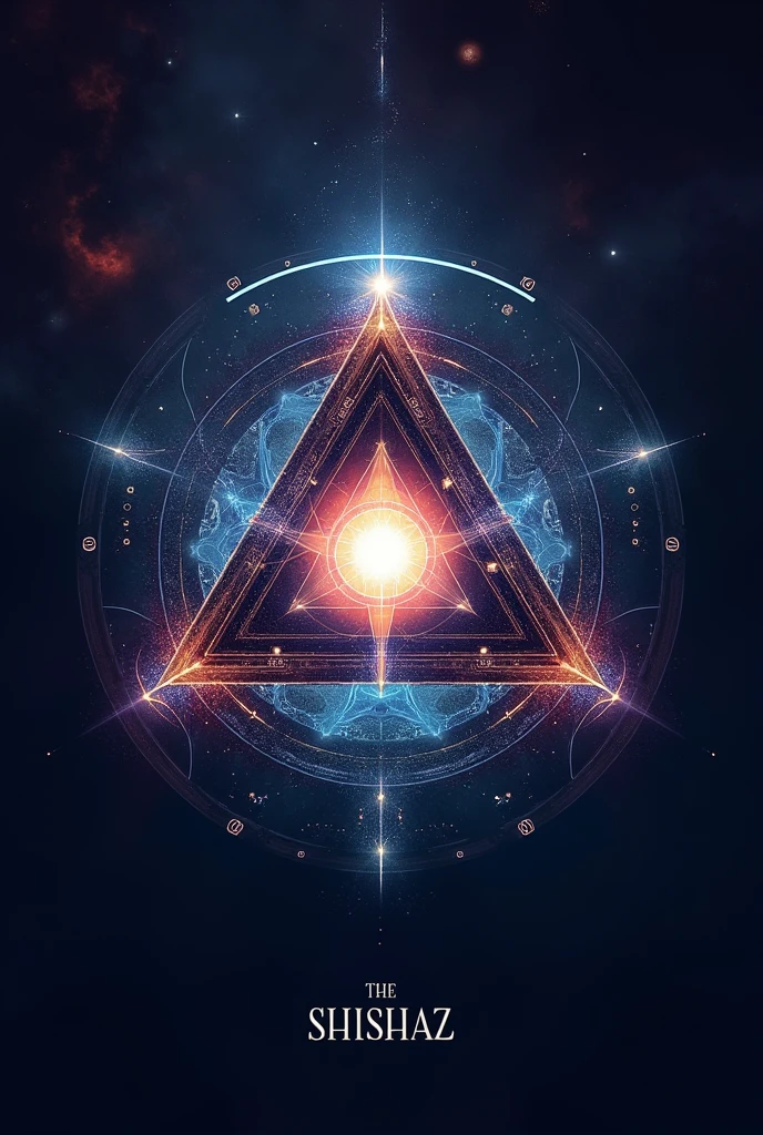 Create THE SHISHAZ best band logo for me like exploring universe, black hole, warm hole, stars, planet, milky way, multiverse, interstaller, constellation,parallel universe, time travel, time dilation, tesseract, another dimension, universe, music, orbit, moons, and much more other space stuffs make it in a triangle and circle and use a good and visible fonts. Make it best of best and please use fonts for THE SHISHAZ band logo make it wonderful