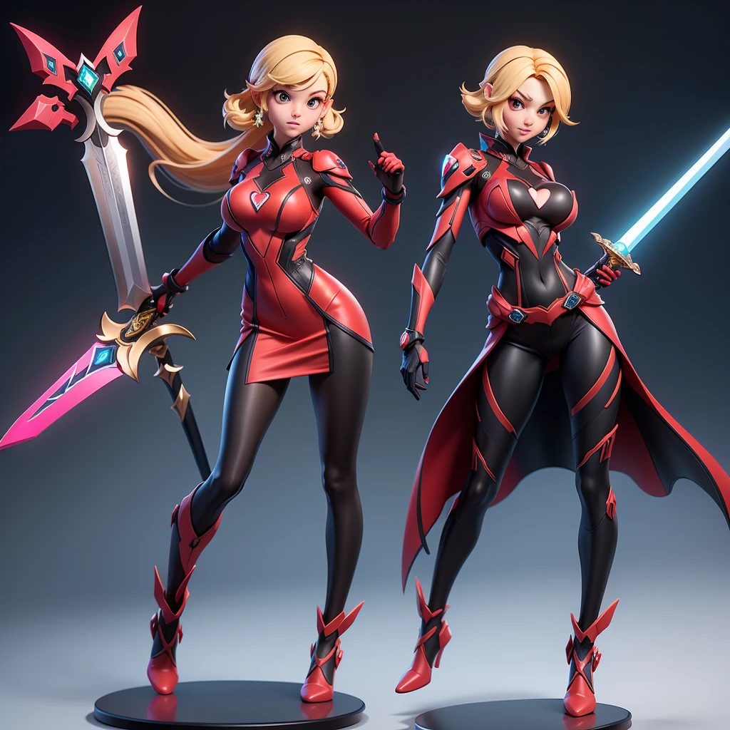 Mini Dragon,  alone, Ray Tracing, Estilo 3D, 3DMM, whole body, (bodysuit swing),(Dar red dress), Overall view,((Poses for each photo)), Overall view, Hearts of the Kingdom-style outfit,((1 personのポーズ)), Overall view, Metroid, ((With a futuristic sword)),Ultra-Realistic Skin, (Big Breasts)、1 person、Background is white

