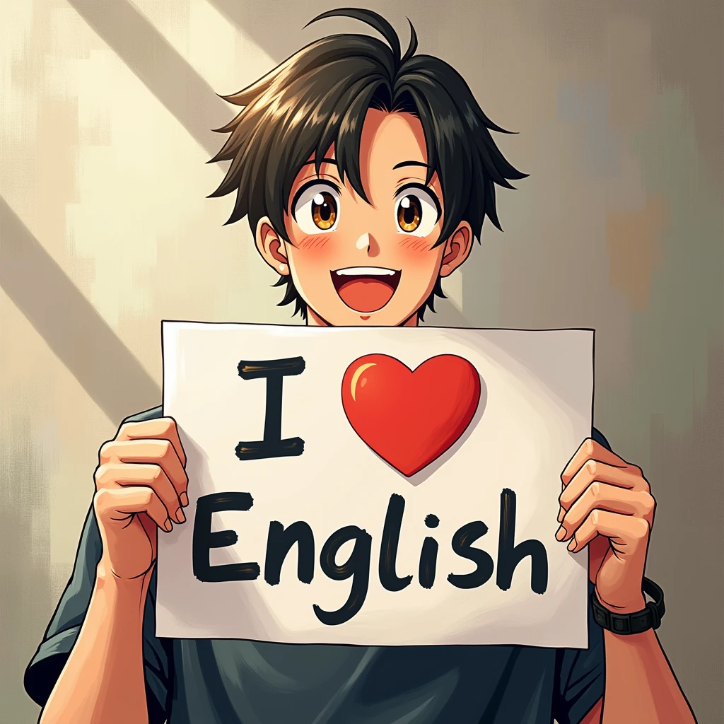 A beautiful and cute man holding up a sign "I ❤ English.", Joyful, Happy, Anime illustration, Realistic, oil