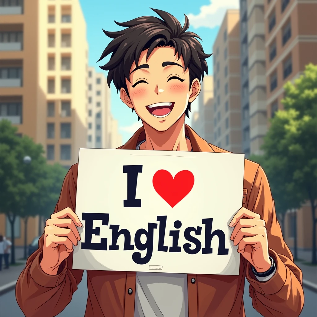 A beautiful and cute man holding up a sign "I ❤ English.", Joyful, Happy, Anime illustration, Realistic, oil
