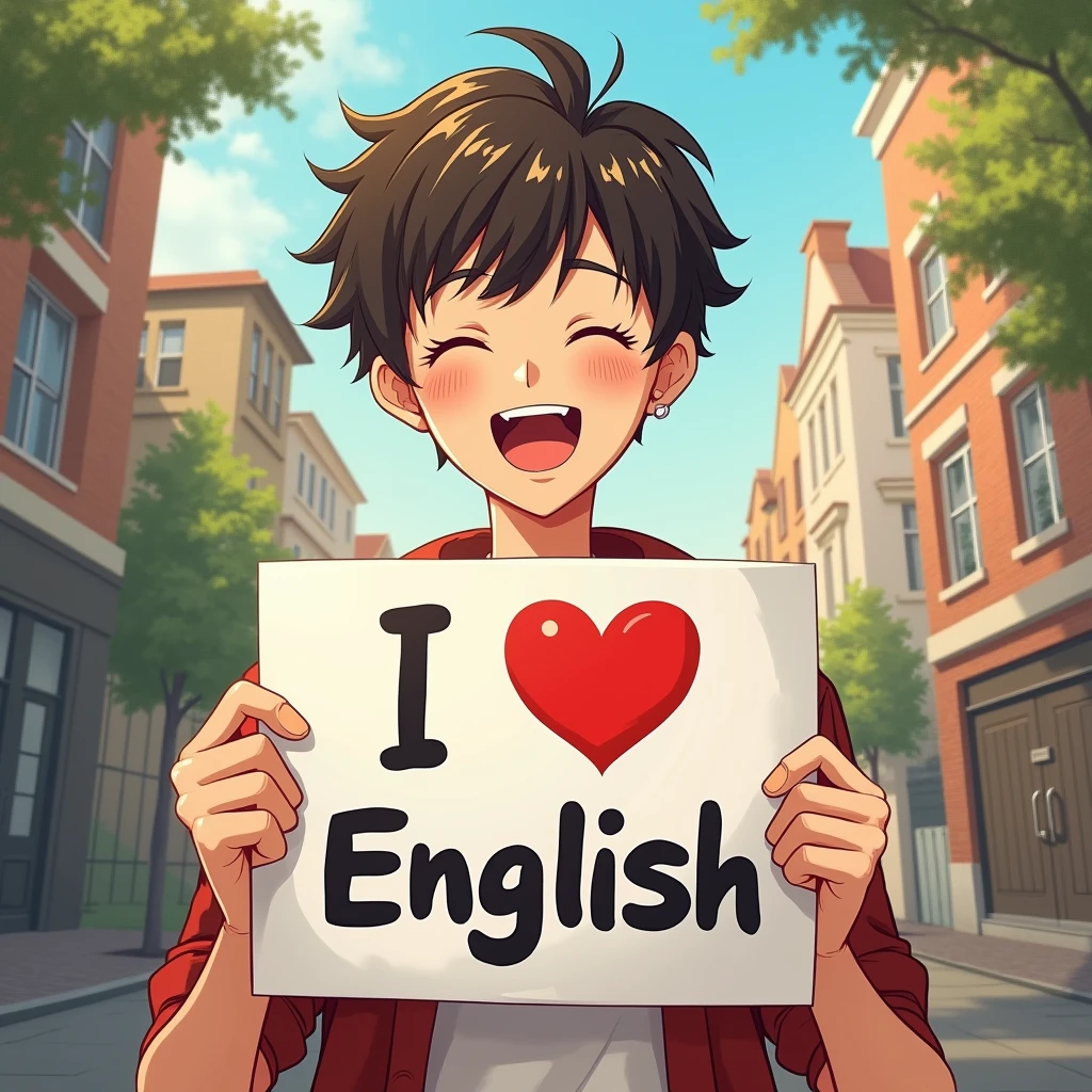 A beautiful and cute man holding up a sign "I ❤ English.", Joyful, Happy, Anime illustration, Realistic, oil