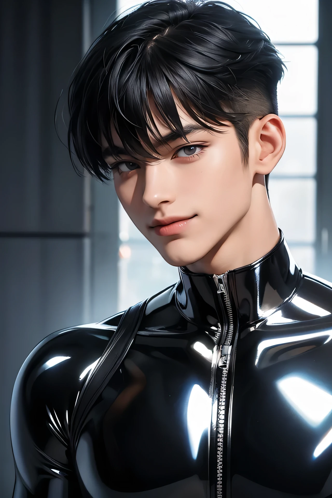 日本人MaleイケMeンモデル 22 years old smile Black Hair Short cut Short bangs From KaMeRa's perspective Shiny full-body silver suit Shiny silver latex suit Me From KaMeRa's perspective future world Upper body close-up Face close-up Male male male