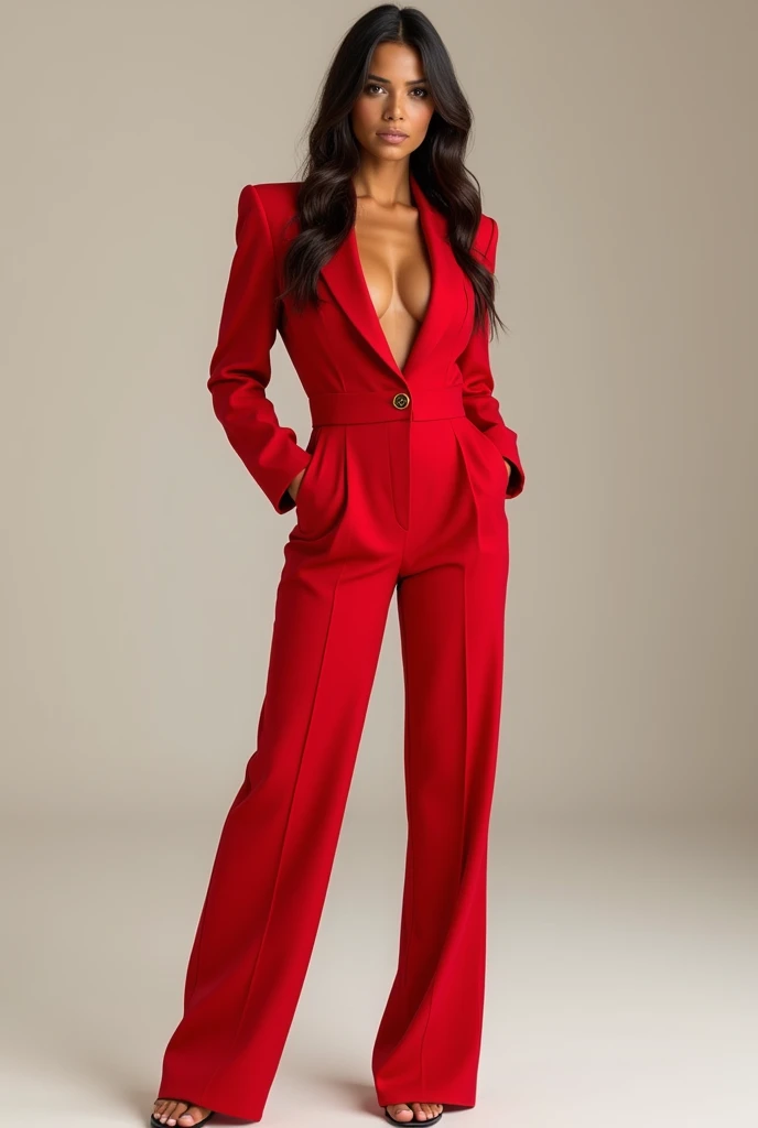 A Brazilian woman standing full length wearing a chic red outfit 