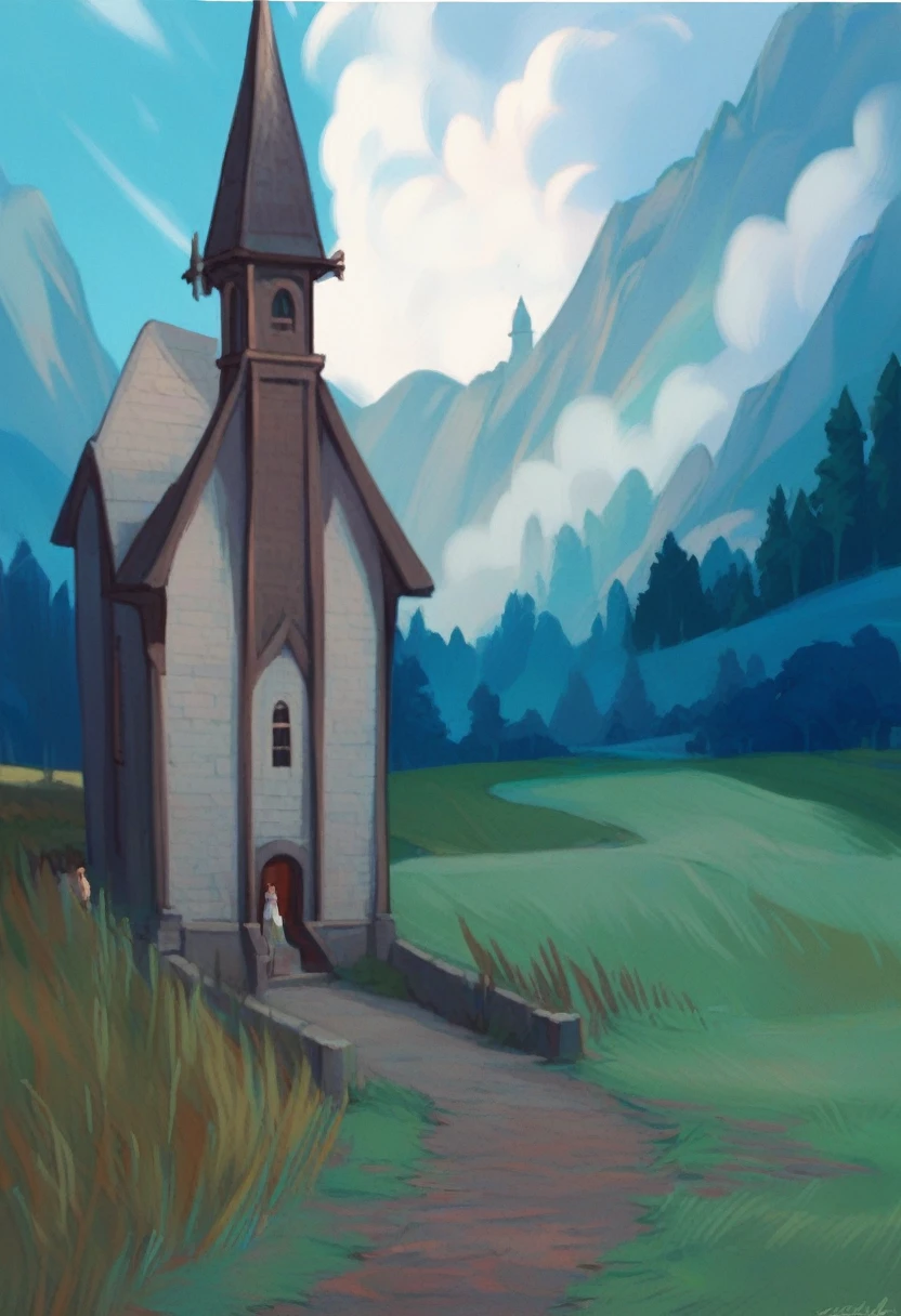 painting of a church in a field with a sky background, inspired by Dwight William Tryon, church painting, stormy day, inspired by Edward Hicks, pastel artwork, inspired by William Congdon, inspired by Emily Carr, inspired by William Dobell, pastel art, by David Burton-Richardson, stormy landscape, by Leland Bell, inspired by Marc Bell