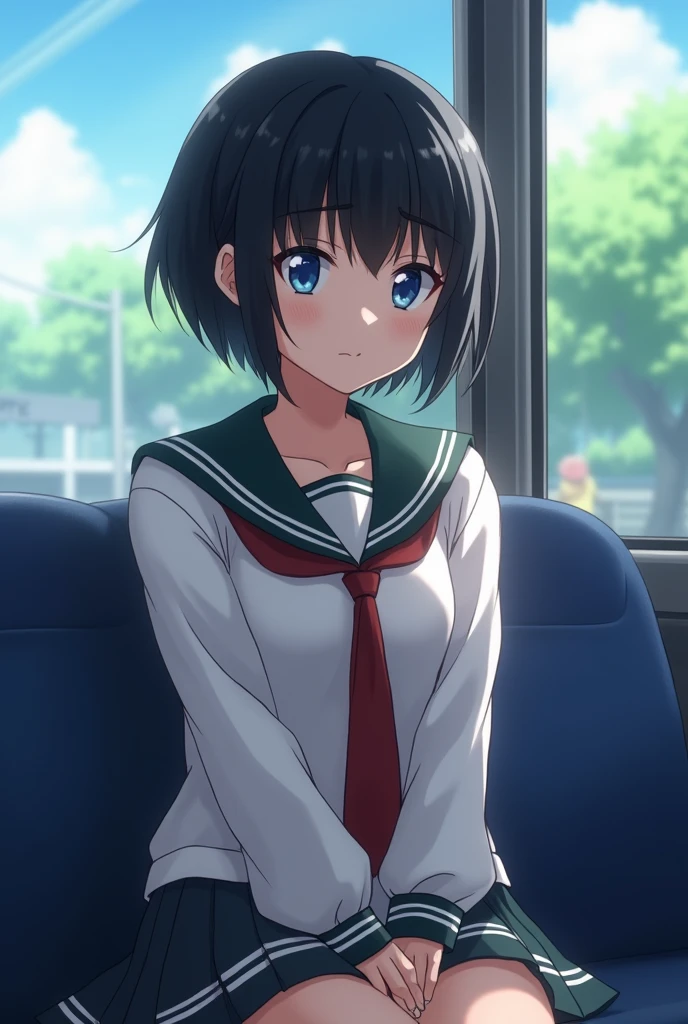 an anime woman with short completely black hair, blue eyes, wearing a school uniform with a small shirt and with a very developed body and large proportions, old woman sitting on the seat of a bus next to me