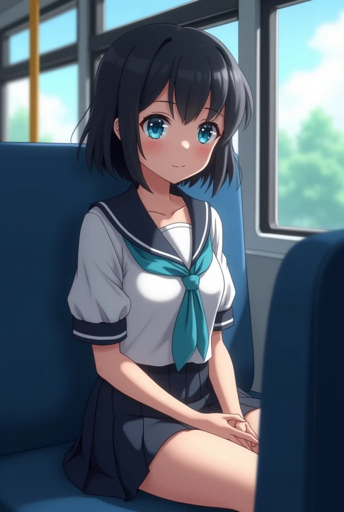 an anime woman with short completely black hair, blue eyes, wearing a school uniform with a small shirt and with a very developed body and large proportions, old woman sitting on the seat of a bus next to me