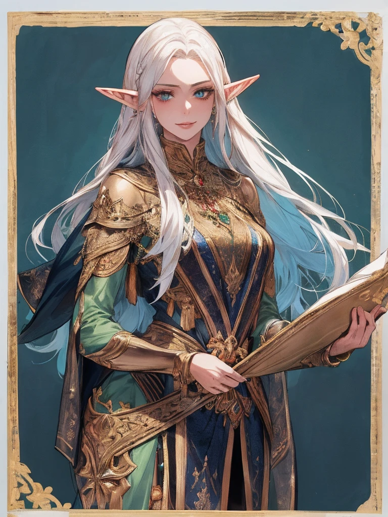 woman, Beautiful Elf, expensive (1.85 cm), I'm looking forward to, Pose from the front, Wise Elf, thin body, thin, Adult, Appears to be about 28 years old, 冒険好きなwoman, エルフのwoman, Long Hair, golden blonde hair , Lightly braided straight hair, Pointy Ears, She has long silver earrings in her ears, Her eyes were emerald green, Her face was happy and excited, Her face was perfect, Delicate face, 非常にwoman的な顔、Hands on hips, Anatomically Superior Hands , Ultra-realistic hands, an Adult woman wearing a blue blouse, Long sleeve, Black jeans, Stockings and high heels, The ring on her right hand, posing fronexpensivey, ((Above average breasts)), Firm breasts, Perfect waist, Above average ass, Black lace fishnet stockings, Table cleaning scene, Inside the old castle, Open the window and watch the sunset