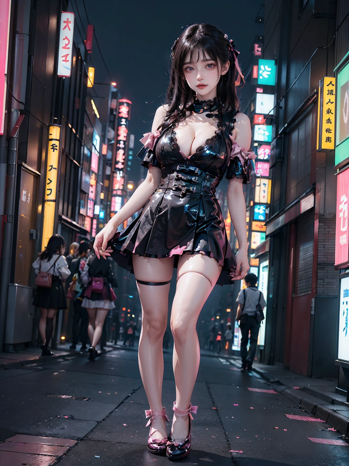 ((16K)),((masterpiece:1.3)), ((Highest quality)), ((Ultra-high resolution)), (Very detailed), (Realistic, photoRealistic:1.4), Perfect lighting,((Side light)), Written boundary depth, Surrealism,No makeup, Film Grain, chromatic aberration, Sharp focus, Face Light,((Beautiful detailsまでこだわった髪)),((Beautiful eyelashes)), Beautifully detailed face, ((Beautiful Hair)),Beautiful details, Beautiful clavicle, Beautiful body, Thin legs,Beautiful breasts, Beautiful legs, ((Detailed and carefully drawn hand)), Cleavage, Perfect Anatomy, Supermodel with a long neck,((Skinny1.3)),23 years old,Looking into the camera,(Perfect Anatomy,Anatomically correct, Very detailed肌), Glowing Skin,((pale skin)),((beautiful girl:1.1)),(( large breasts :1.5)),shiny hair,((two side up)),(Medium Hair:1.4, Wavy Hair:1.2, Black Hair) ,((Hime cut:1.1)),Dainty facial structure,((Surprised:1.5)),((walk:1.4)),((from below:1.3)),(((wearing jirai fashion, shiny pink satin, shiny pink latex, high neck, short dress with many frills, pink Lace, micro mini skirt, bow ribbon)))+, ((super large breasts)), ((see-through black thighhighs ))+,(( Create a vibrant and detailed image of Akihabara at night:1.5)), Akihabara,showcasing its iconic neon-lit streets,((The scene should feature tall buildings adorned with colorful neon signs:1.4)), ((electronic billboards1.5)), and advertisements, casting a bright,(( multi-colored glow over the bustling street below:1.3)), ((The sidewalks are filled with people)), ((some in unique fashion styles like "jirai kei" or cosplay)), reflecting the eclectic and lively atmosphere of the area,((The overall mood should be energetic and slightly futuristic, capturing the essence of Tokyo's famous Electric Town)), neon lights and holographic advertisements illuminating the scene,((wide shot:1.4)),