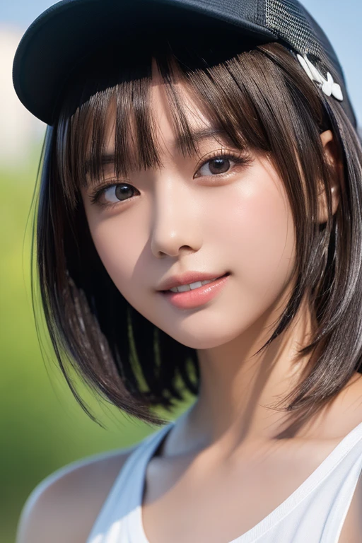 ((masterpiece, Highest quality, High resolution)), 1 Japanese girl, (Realistic: 1.4), Great face, A captivating smile、, Glossy lips、Lips with lip gloss、Silver Hair、short hair, Silver Hair、(Beautiful Hair:1.5),Baseball cap、White tank top、mini skirt、at the park、Side angle, Highly detailed CG composite 8K wallpaper, High resolutionのRAWカラー写真, Professional photography, Light, BackLight, dream-like, impressive, Written boundary depth, (Face close-up:1.3)