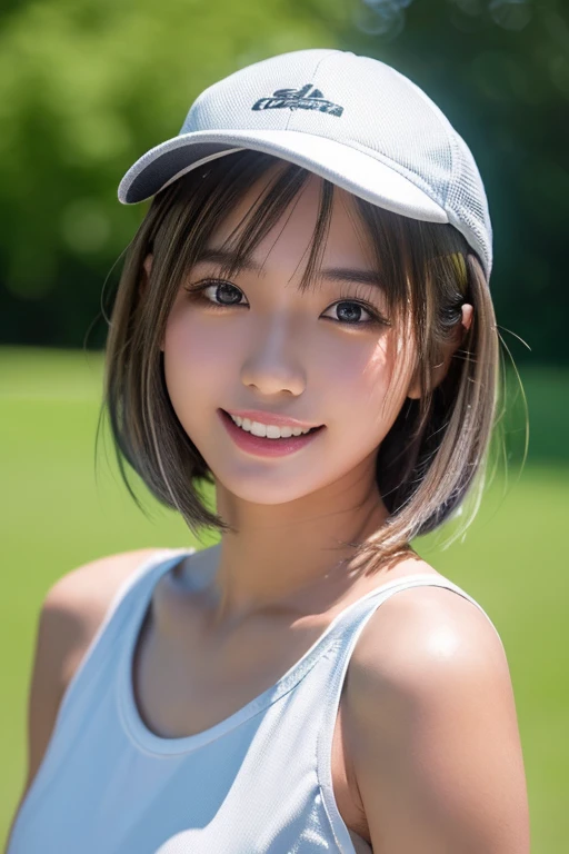 ((masterpiece, Highest quality, High resolution)), 1 Japanese girl, (Realistic: 1.4), Great face, A captivating smile、15 years old, Glossy lips、Lips with lip gloss、Silver Hair、short hair, Silver Hair、(Beautiful Hair:1.5),Baseball cap、White tank top、mini skirt、at the park、Side angle, Highly detailed CG composite 8K wallpaper, High resolutionのRAWカラー写真, Professional photography, Light, BackLight, dream-like, impressive, Written boundary depth, (Face close-up:1.3)