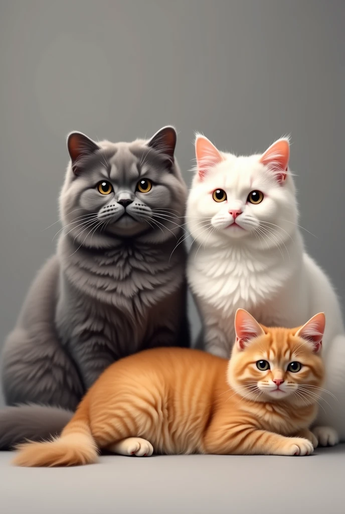 A grey British cat, a white british cat , an orange persian cat together