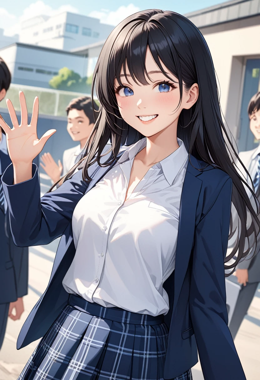detailed illustration, dynamic angle, ultra-detailed, illustration, 1girl, 18 year old, school girl, long straight black hair, medium breasts, heavy breasts, blue jacket, white blouse, blue plaid skirt, outside school, smiling, waving, happy