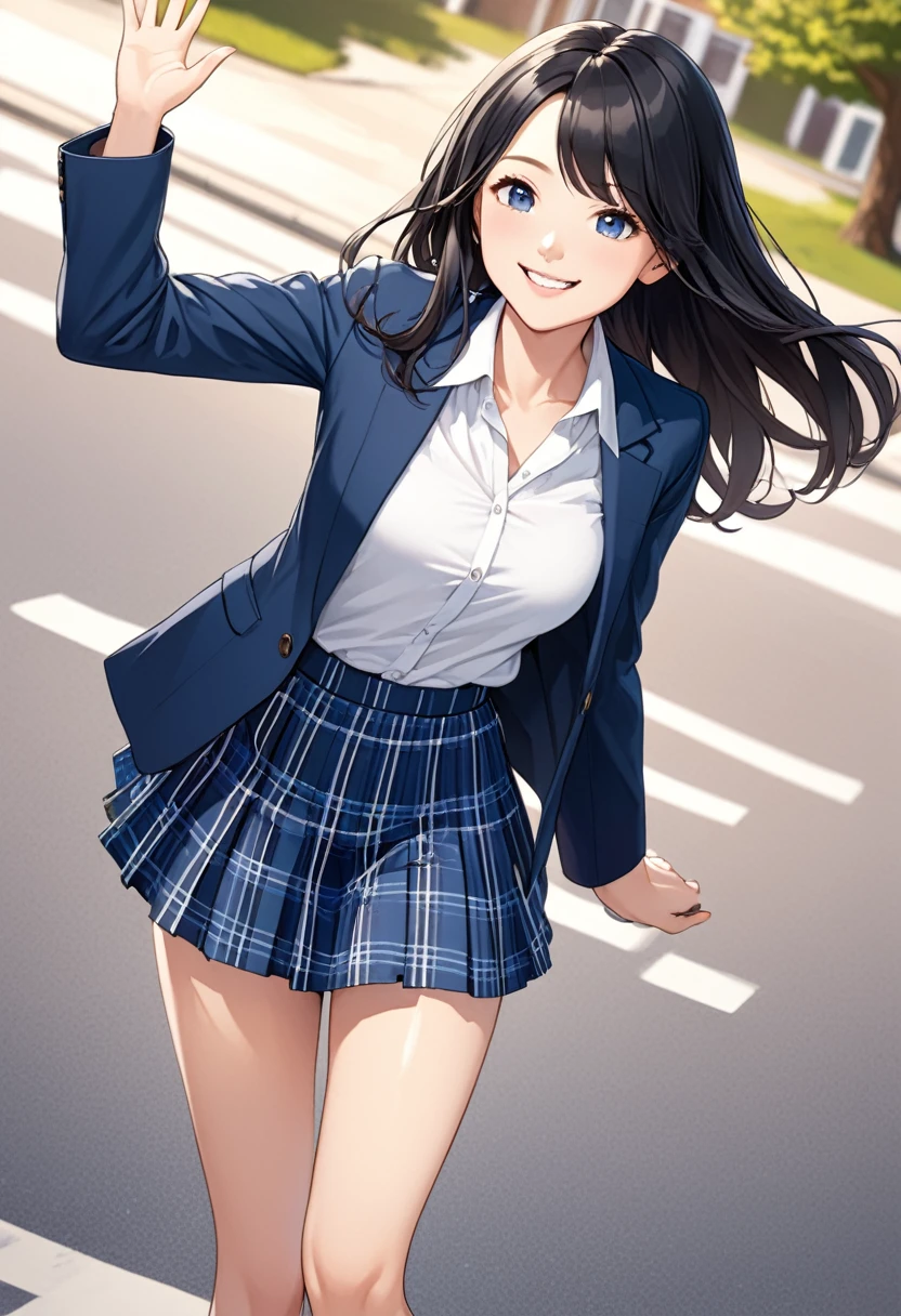 detailed illustration, dynamic angle, ultra-detailed, illustration, 1girl, 18 year old, school girl, long straight black hair, medium breasts, heavy breasts, blue jacket, white blouse, blue plaid skirt, outside school, smiling, waving, happy