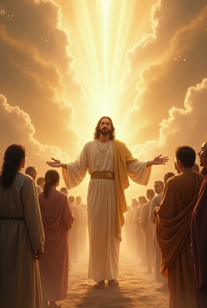 Jesus receiving a line of people who have just arrived in heaven via plane 