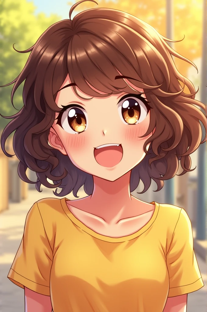 Create one with anime style, with curly brown hair, brown eyes and smiling in the picture