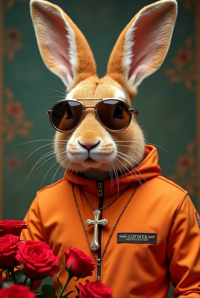 orange hare like his retro polarized motorcycle glasses with an orange spacesuit, with a theme of Santa Rosa de Lima from Peru and bouquets of red roses and a cross necklace