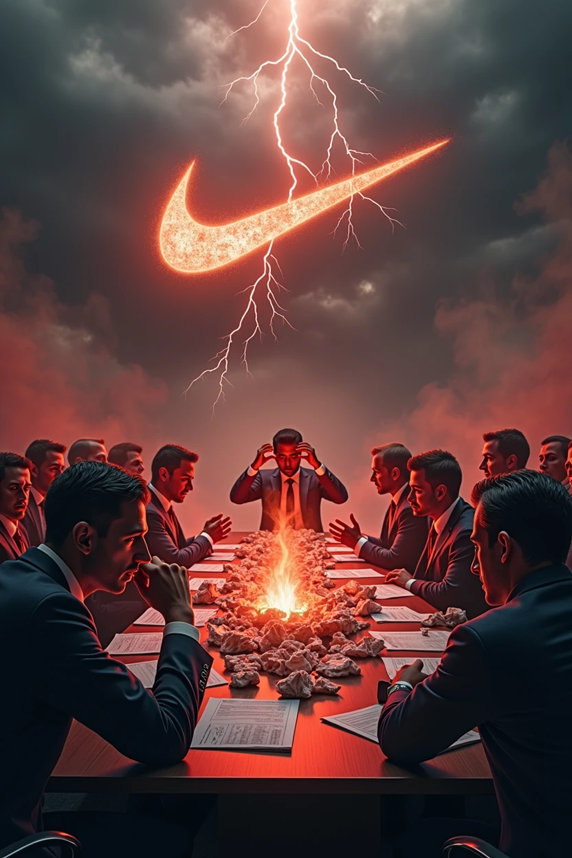 Create a hyper-realistic image depicting a catastrophic 50% drop in Nike's stock market value, symbolizing a severe and apocalyptic market crash. The atmosphere should be dark, ominous, and diabolical, evoking a sense of overwhelming crisis. The background should be a gloomy, stormy sky with swirling dark clouds and flashes of lightning, casting an eerie glow over a shattered stock market graph that shows a dramatic plummet.

In the foreground, show a group of high-ranking Nike executives in disarray, their expressions a mix of fear, panic, and despair. Their eyes should be wide with terror, some clutching their heads in disbelief, others frantically trying to salvage what they can. The surroundings should include burning stock certificates and crumpled financial reports scattered across a large conference table, with a large Nike logo that is cracked and crumbling.

Subtle details should include dark shadows looming over the executives 
desperate and terrified, suggesting an almost supernatural force behind the crisis. The overall color palette should be dominated by deep reds, blacks, and grays, enhancing the atmosphere of doom and destruction. The image should capture the intensity and chaos of the situation, making it clear that this is a catastrophic event with dire consequences.

