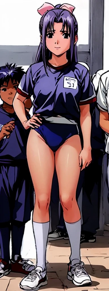 Momoko Koigakubo, with her beautiful legs, is standing with a smile on her face in a white gym suit and light navy blue bloomers that look like panties.。Momoko Koigakubo is holding a boy in a jersey。